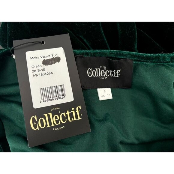 COLLECTIF London Moira Velvet Top Size Small Front Tie Dark Green Velvet - Picture 3 of 8
